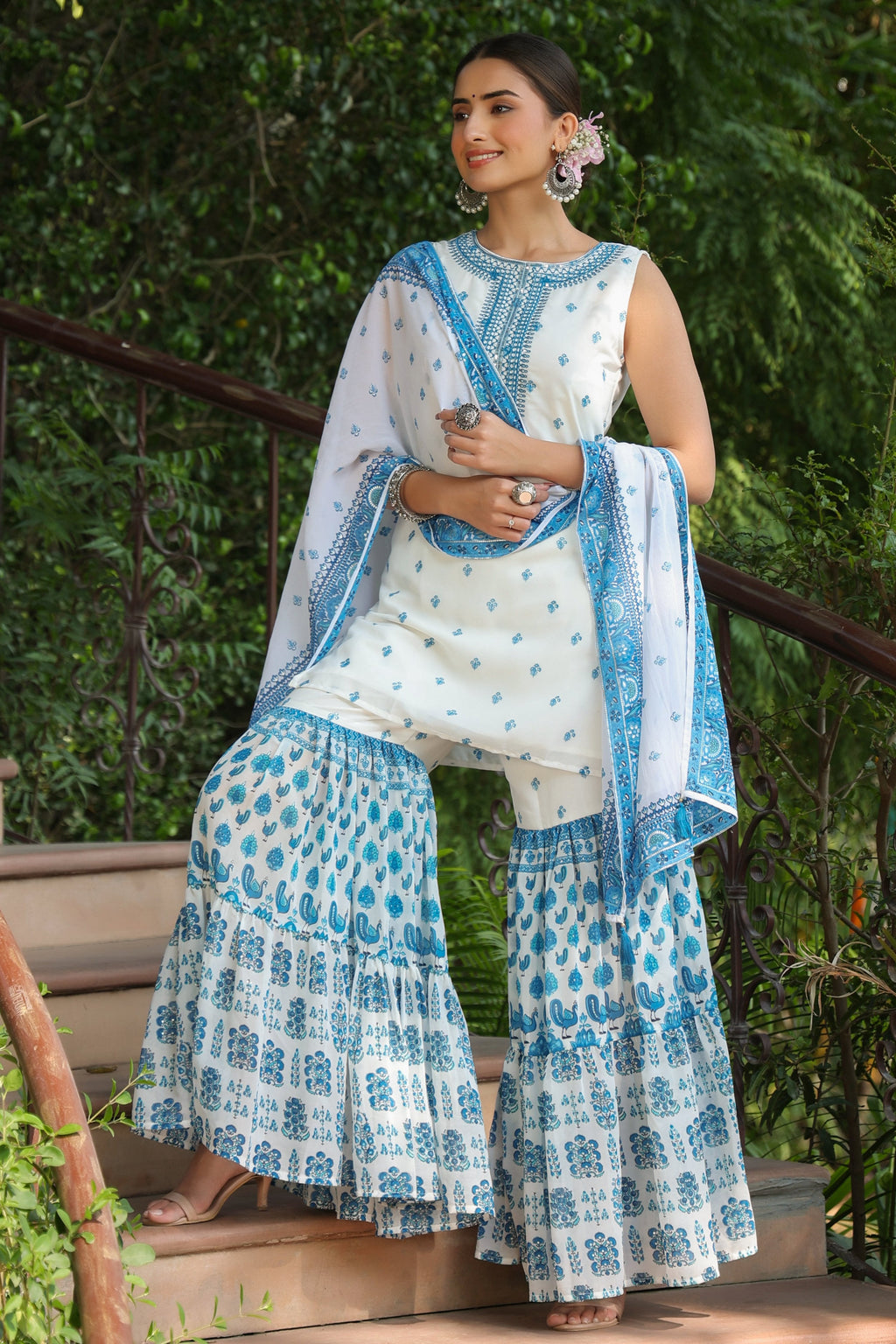 Juniper Womens Blue Embroidered And Printed Kurta Sharara Dupatta Set