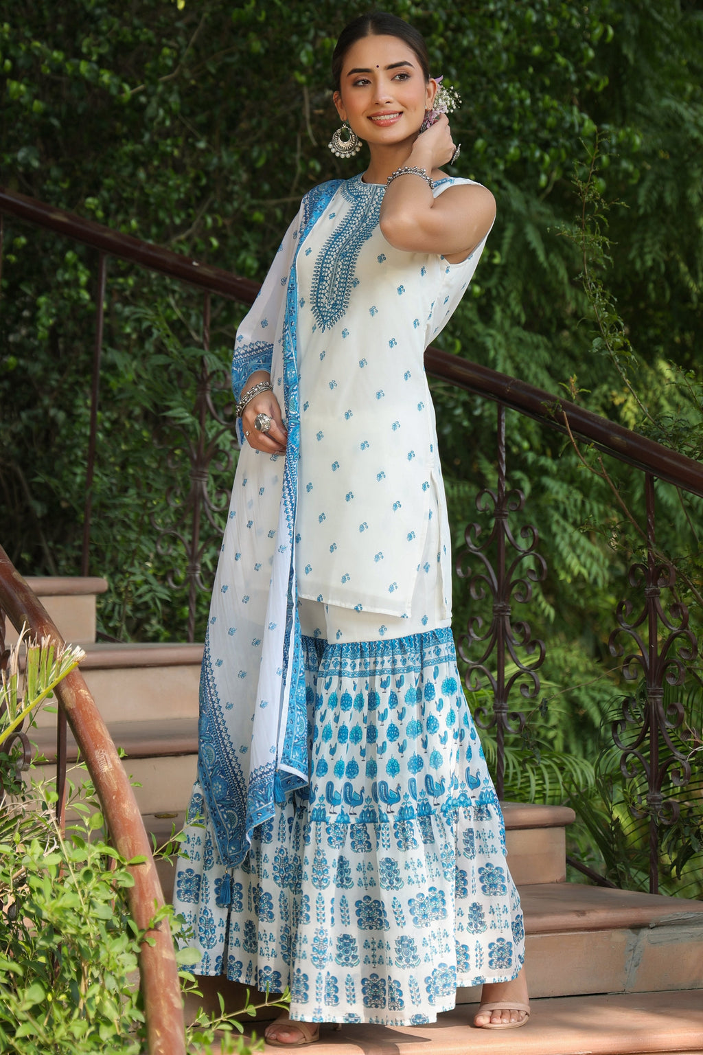 Juniper Womens Blue Embroidered And Printed Kurta Sharara Dupatta Set