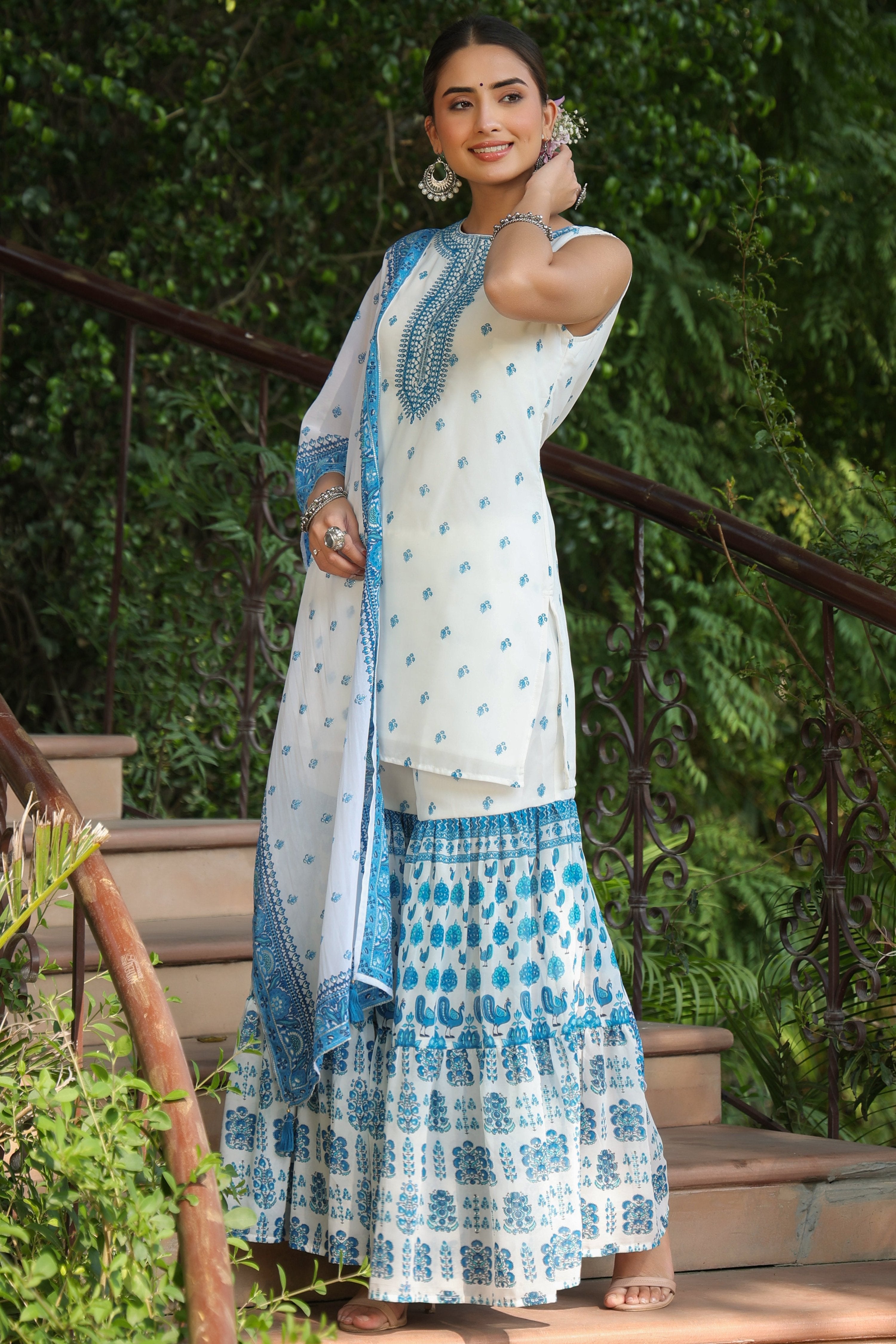 Juniper Womens Blue Embroidered And Printed Kurta Sharara Dupatta Set
