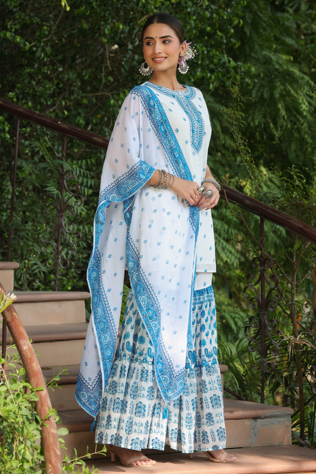 Juniper Womens Blue Embroidered And Printed Kurta Sharara Dupatta Set