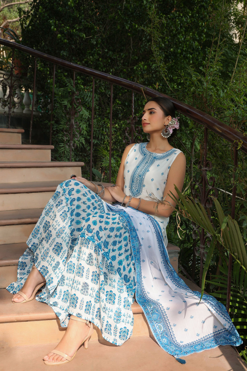 Juniper Womens Blue Embroidered And Printed Kurta Sharara Dupatta Set
