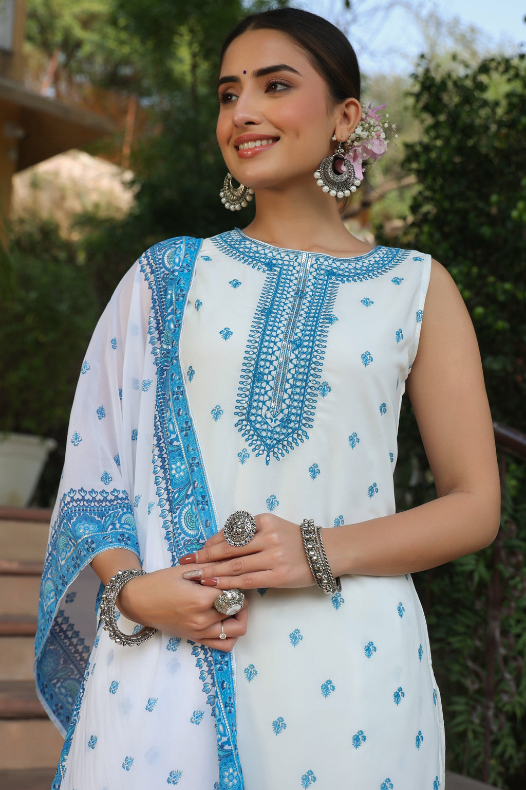 Juniper Womens Blue Embroidered And Printed Kurta Sharara Dupatta Set