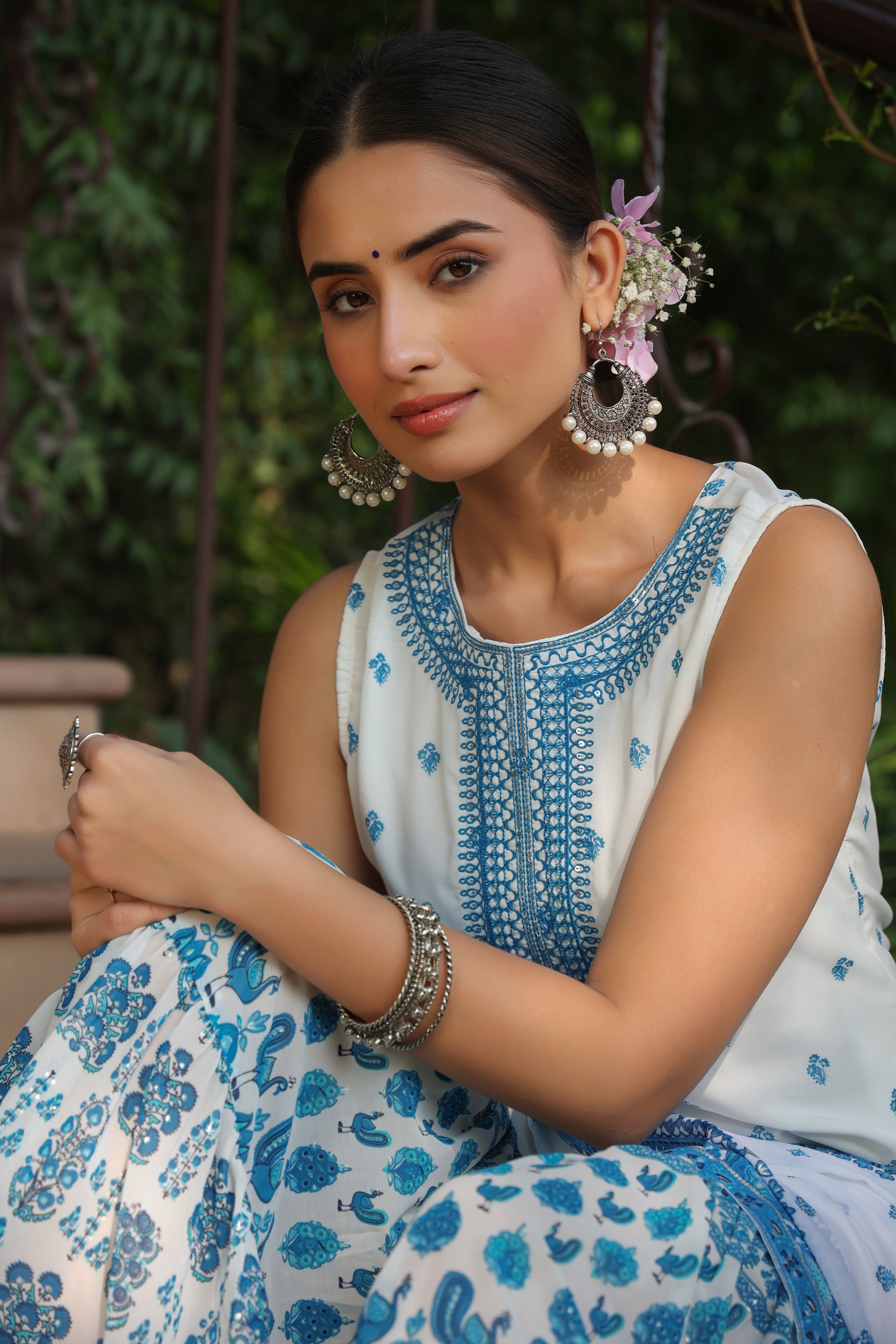 Juniper Womens Blue Embroidered And Printed Kurta Sharara Dupatta Set