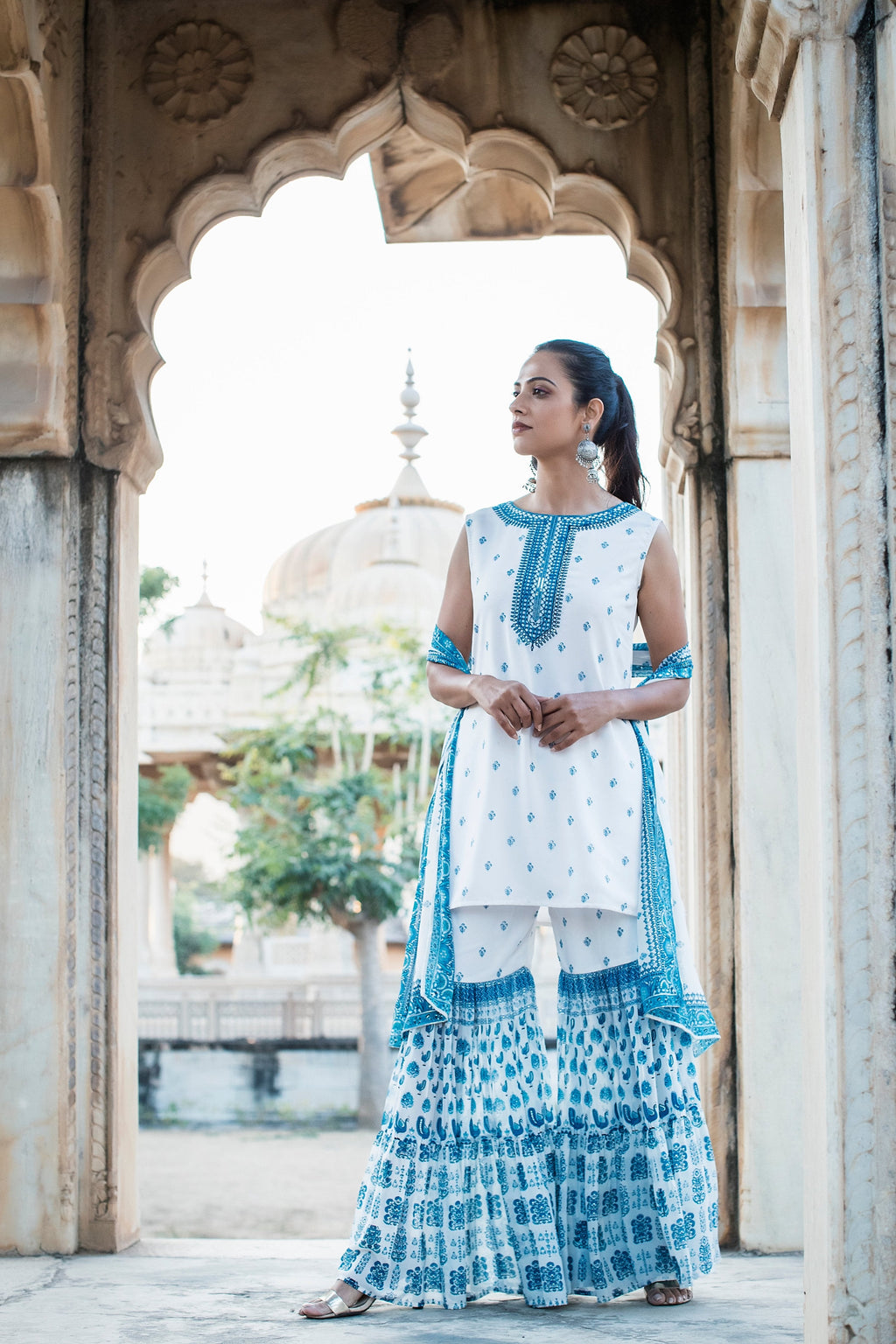Juniper Womens Blue Embroidered And Printed Kurta Sharara Dupatta Set