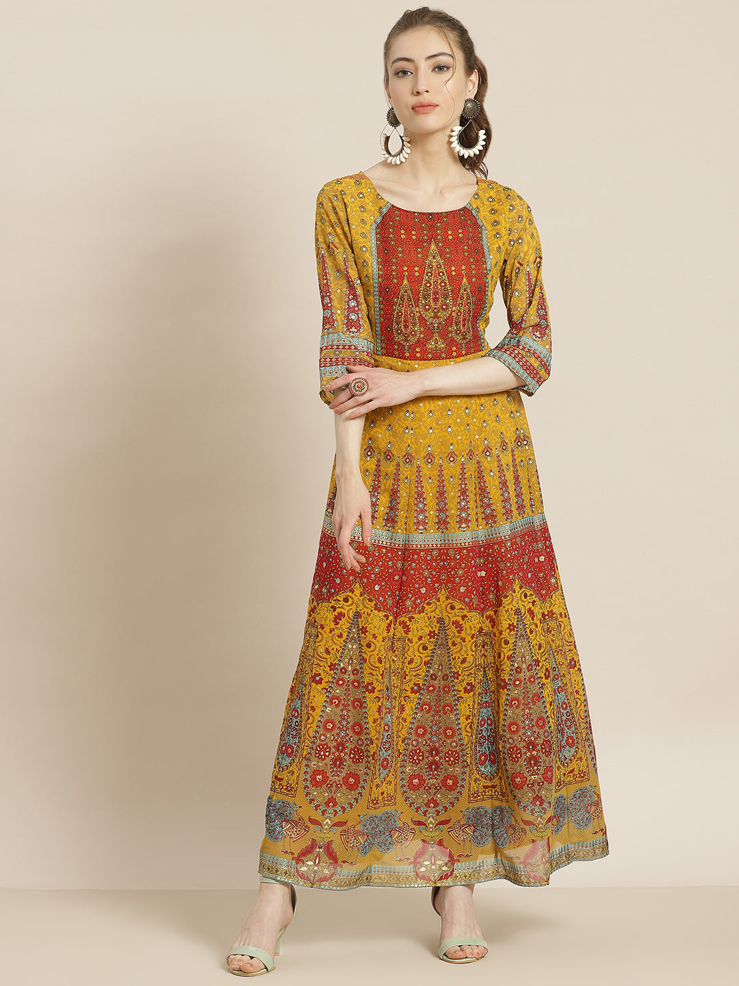 Juniper Women Mustard Georgette Printed Anarkali Dress