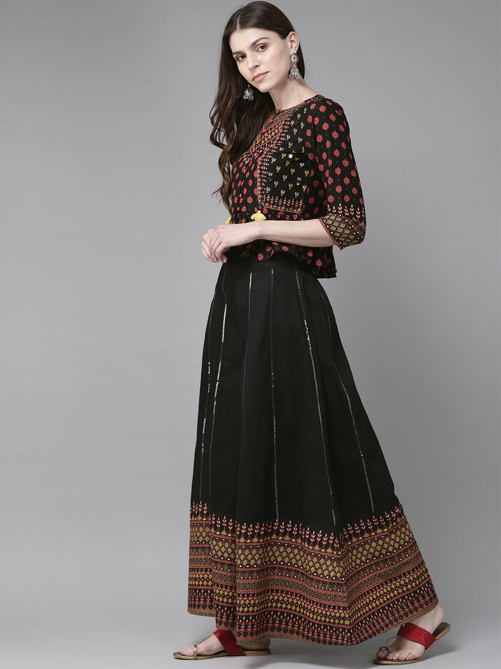 Juniper Womens Black Floral Printed Cambric Clothing Set