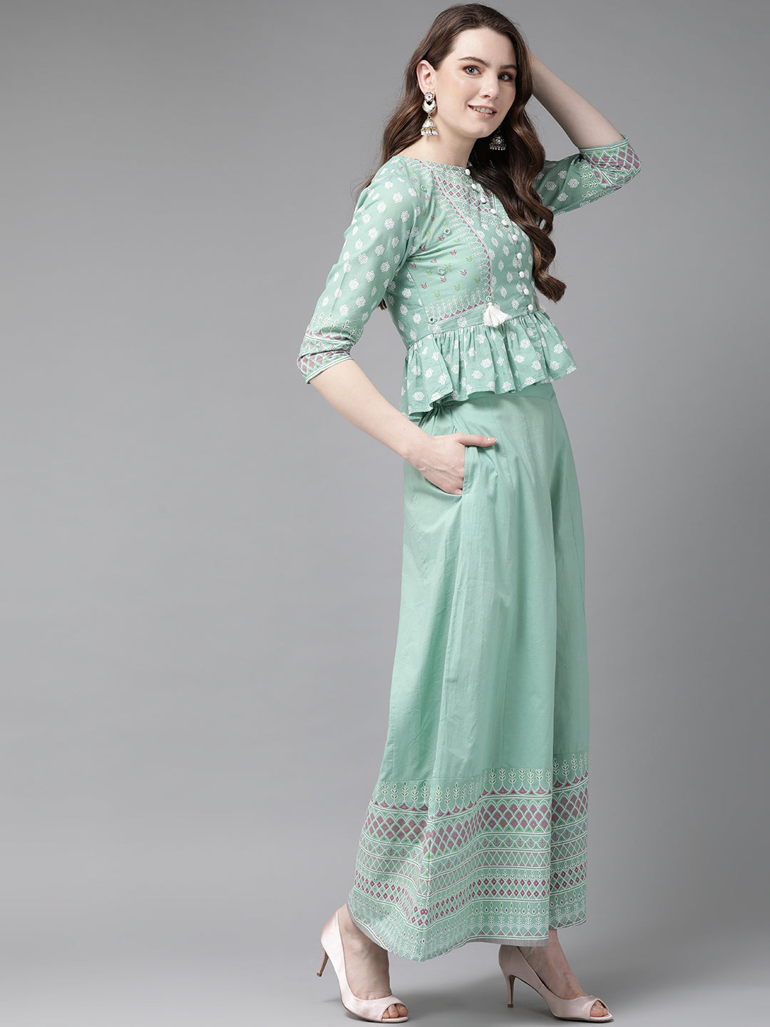 Juniper Womens Mint Floral Printed Cambric Clothing Set