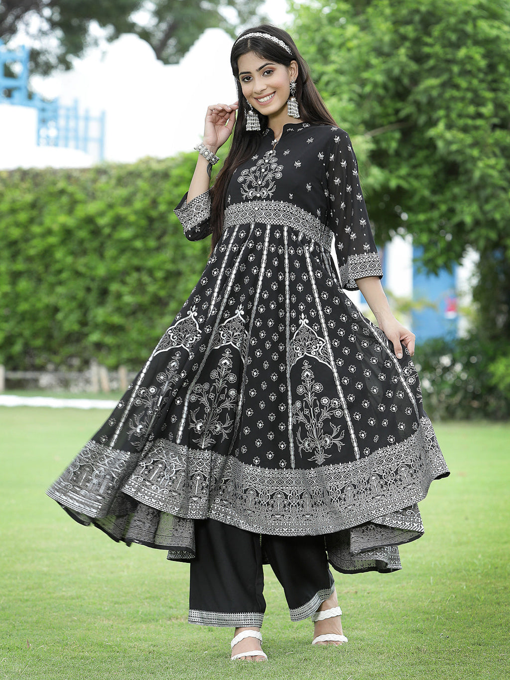 Juniper Womens Black Georgette Foil Printed Circular Kurta Dress With Solid Palazzo Set