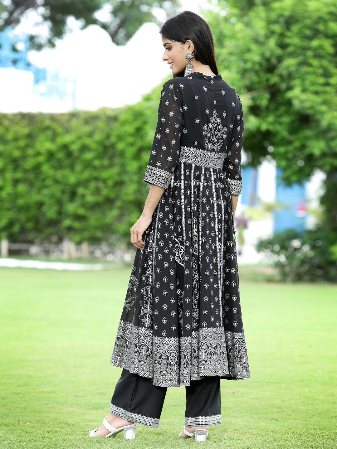 Juniper Womens Black Georgette Foil Printed Circular Kurta Dress With Solid Palazzo Set