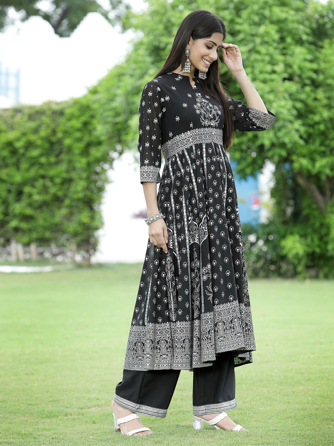 Juniper Womens Black Georgette Foil Printed Circular Kurta Dress With Solid Palazzo Set