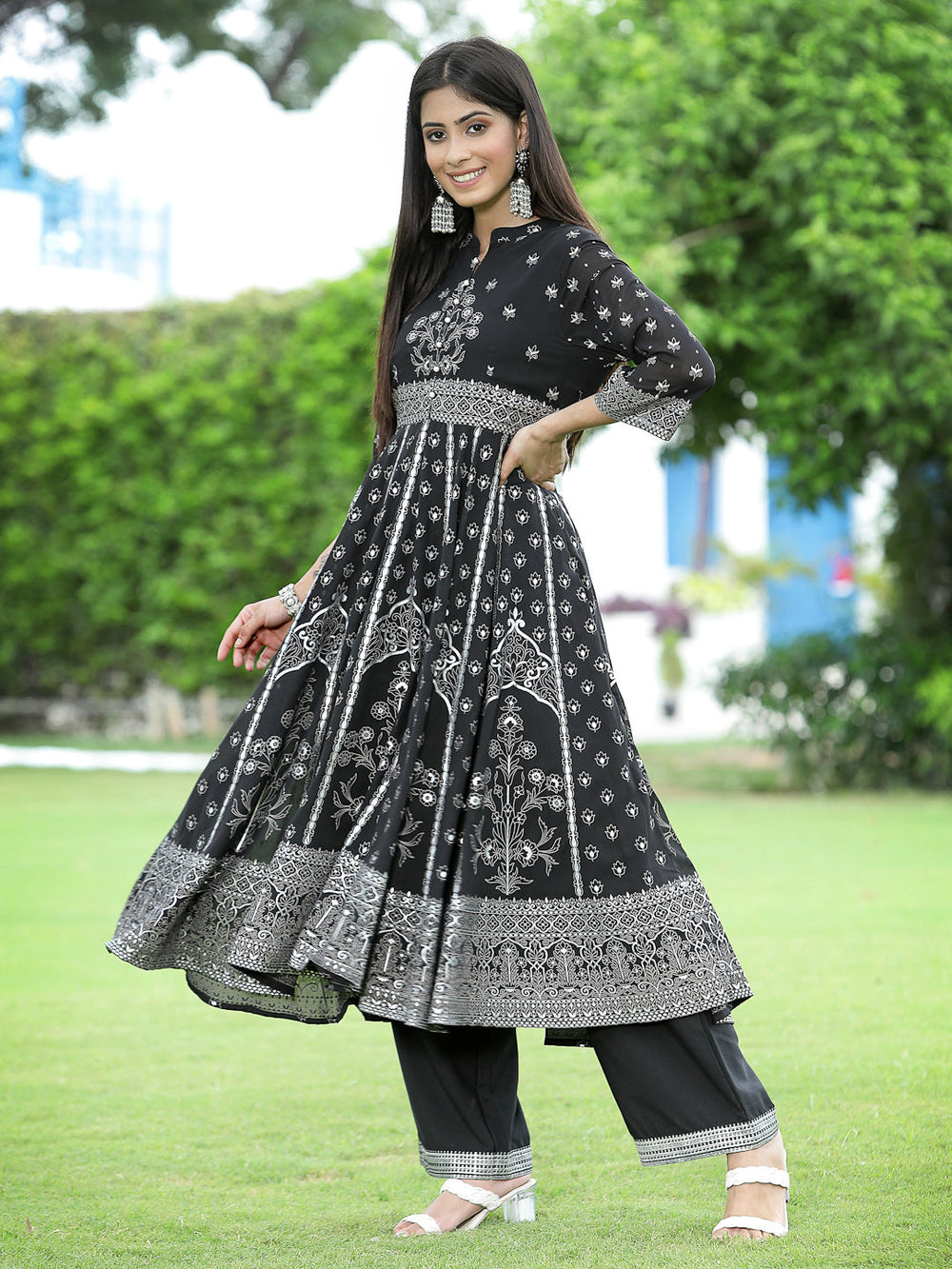 Juniper Women's Black Georgette Printed Anarkali Kurta Sets
