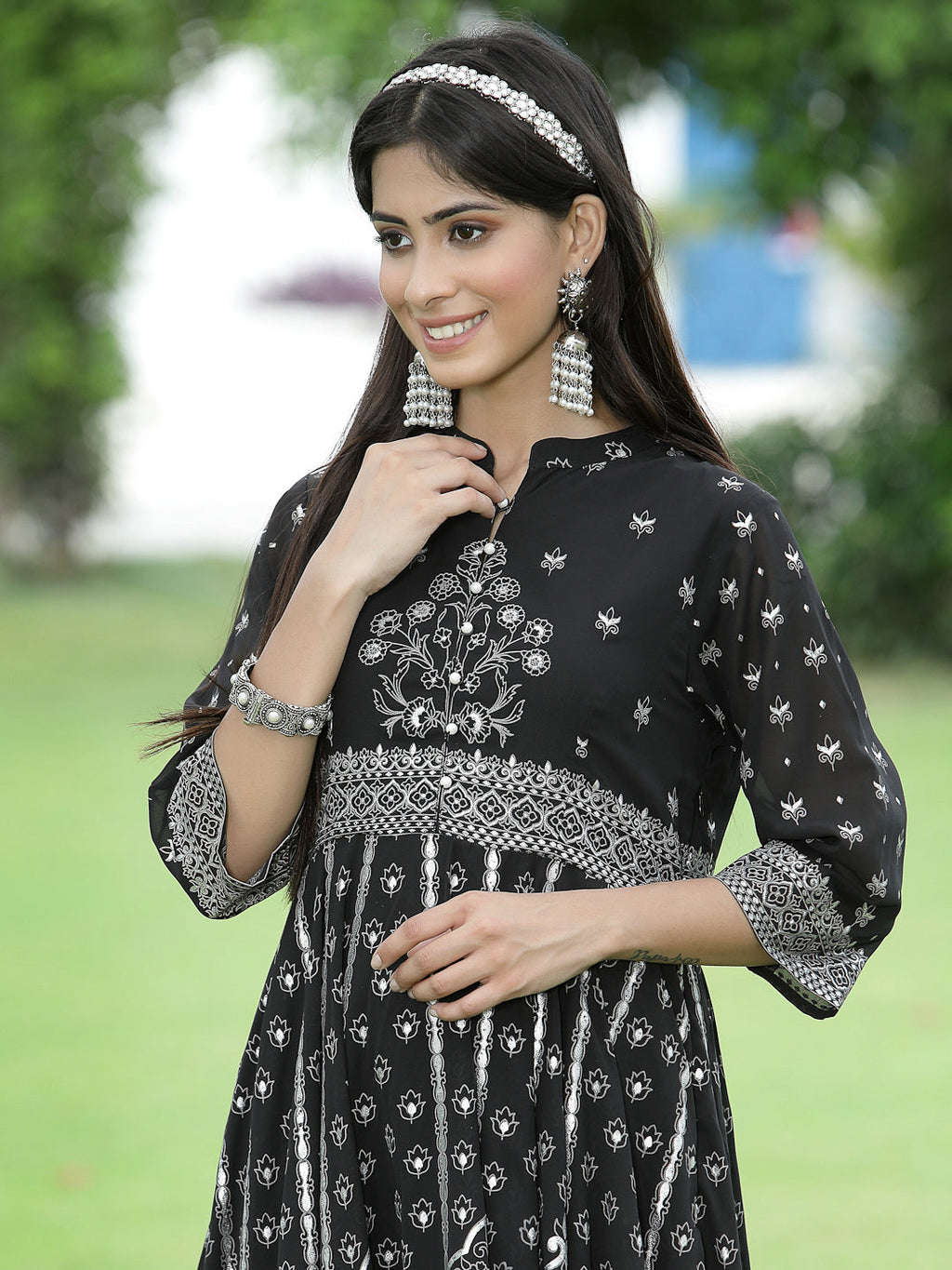 Juniper Womens Black Georgette Foil Printed Circular Kurta Dress With Solid Palazzo Set