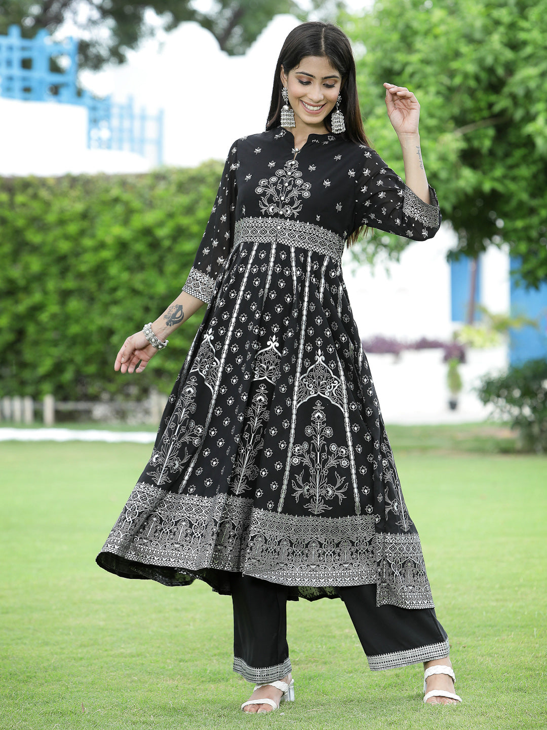 Juniper Womens Black Georgette Foil Printed Circular Kurta Dress With Solid Palazzo Set
