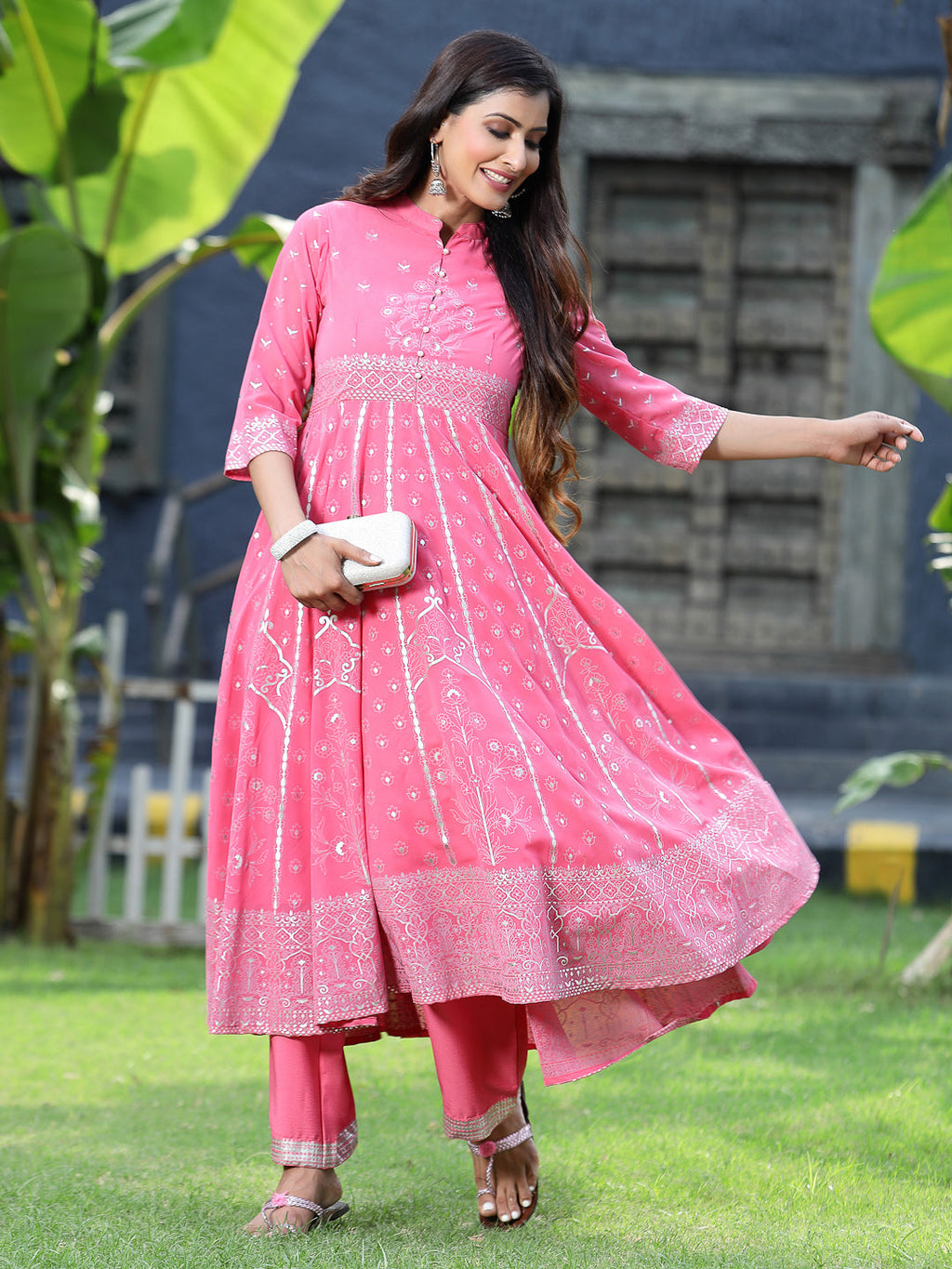 Juniper Womens Coral Georgette Foil Printed Circular Kurta Dress With Solid Palazzo Set