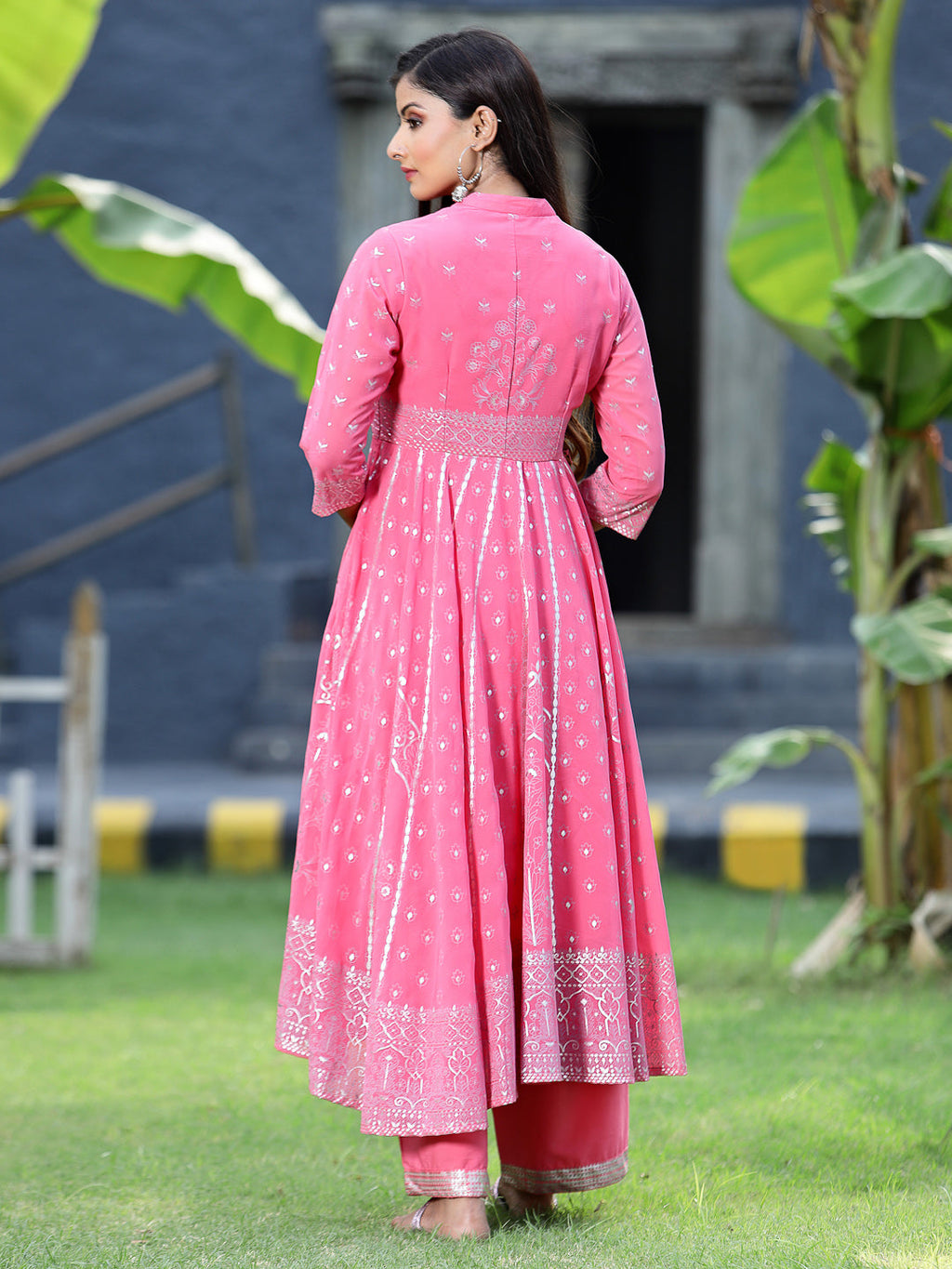 Juniper Womens Coral Georgette Foil Printed Circular Kurta Dress With Solid Palazzo Set