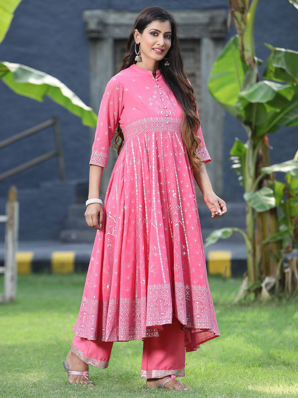 Juniper Womens Coral Georgette Foil Printed Circular Kurta Dress With Solid Palazzo Set