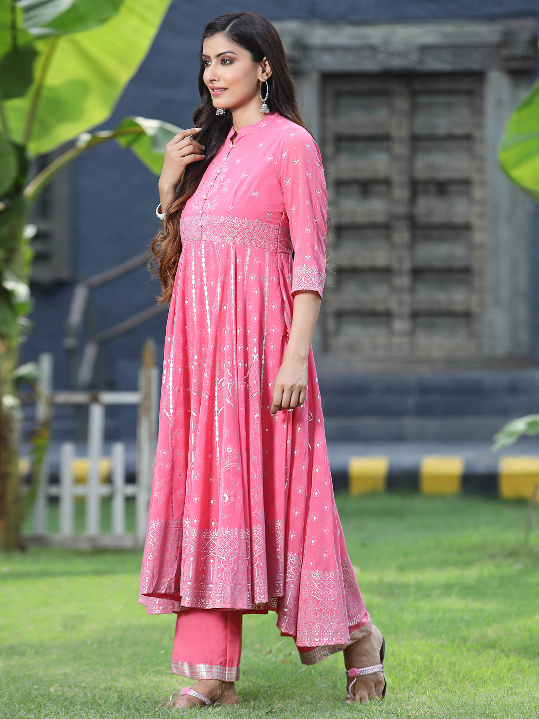 Juniper Womens Coral Georgette Foil Printed Circular Kurta Dress With Solid Palazzo Set