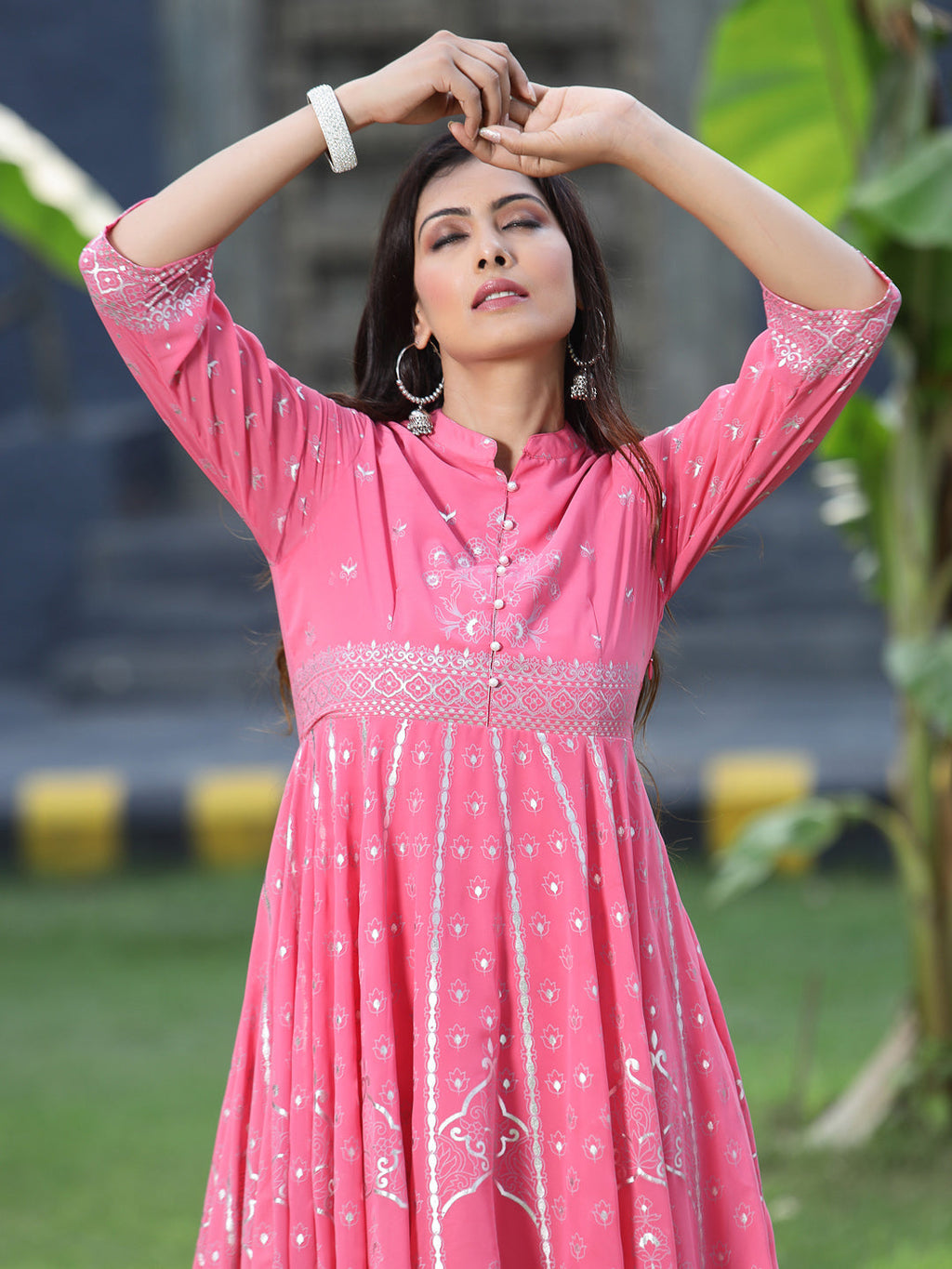 Juniper Womens Coral Georgette Foil Printed Circular Kurta Dress With Solid Palazzo Set