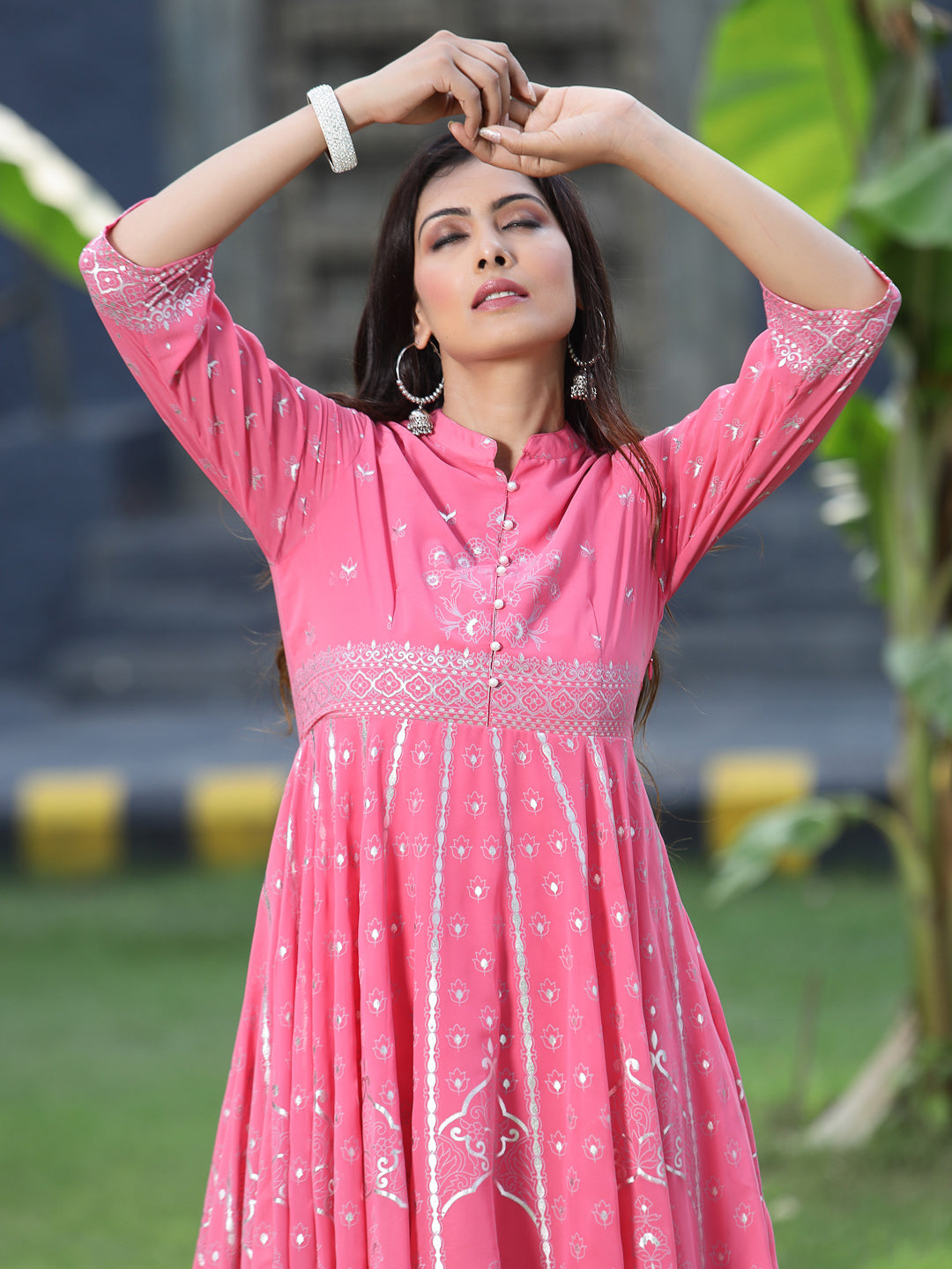 Juniper Womens Coral Georgette Foil Printed Circular Kurta Dress With Solid Palazzo Set