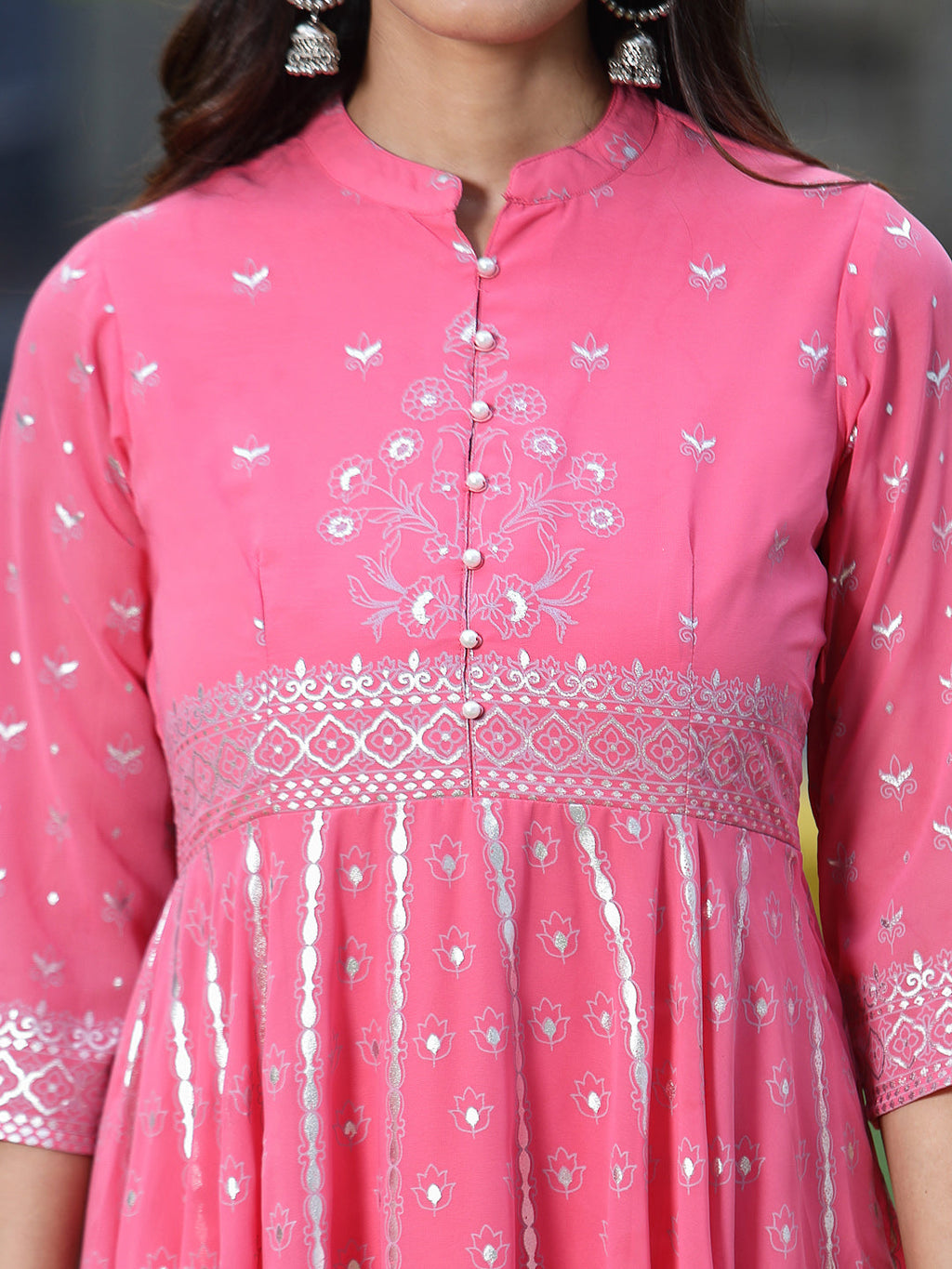 Juniper Womens Coral Georgette Foil Printed Circular Kurta Dress With Solid Palazzo Set