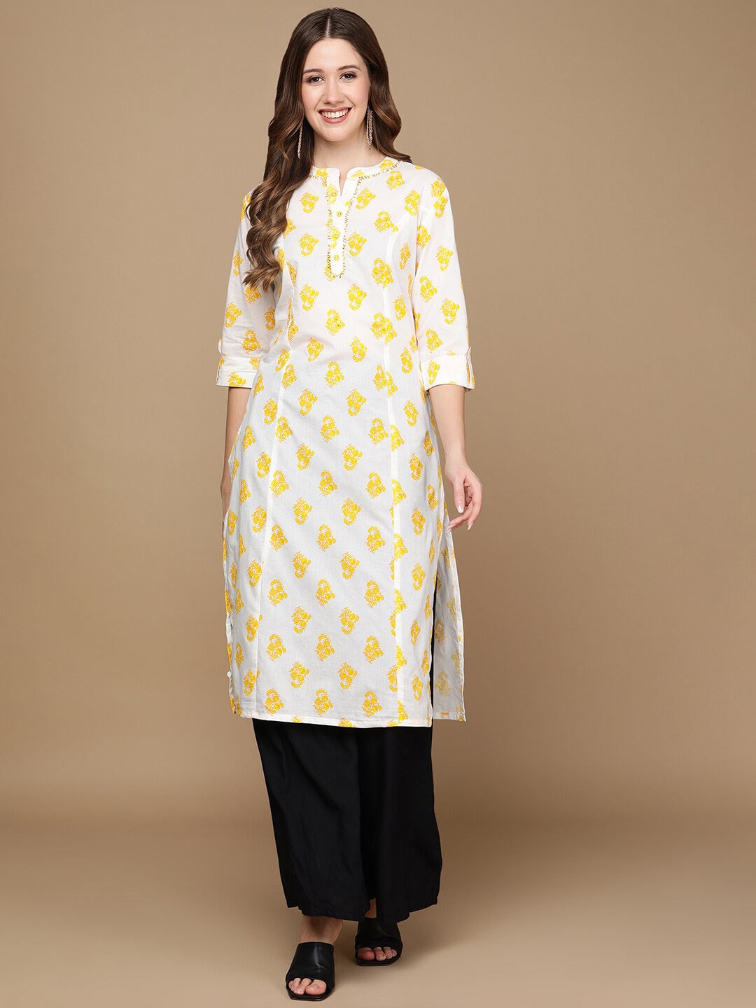 HERE&NOW White & Yellow Floral Printed Sequined Pure Cotton Kurta
