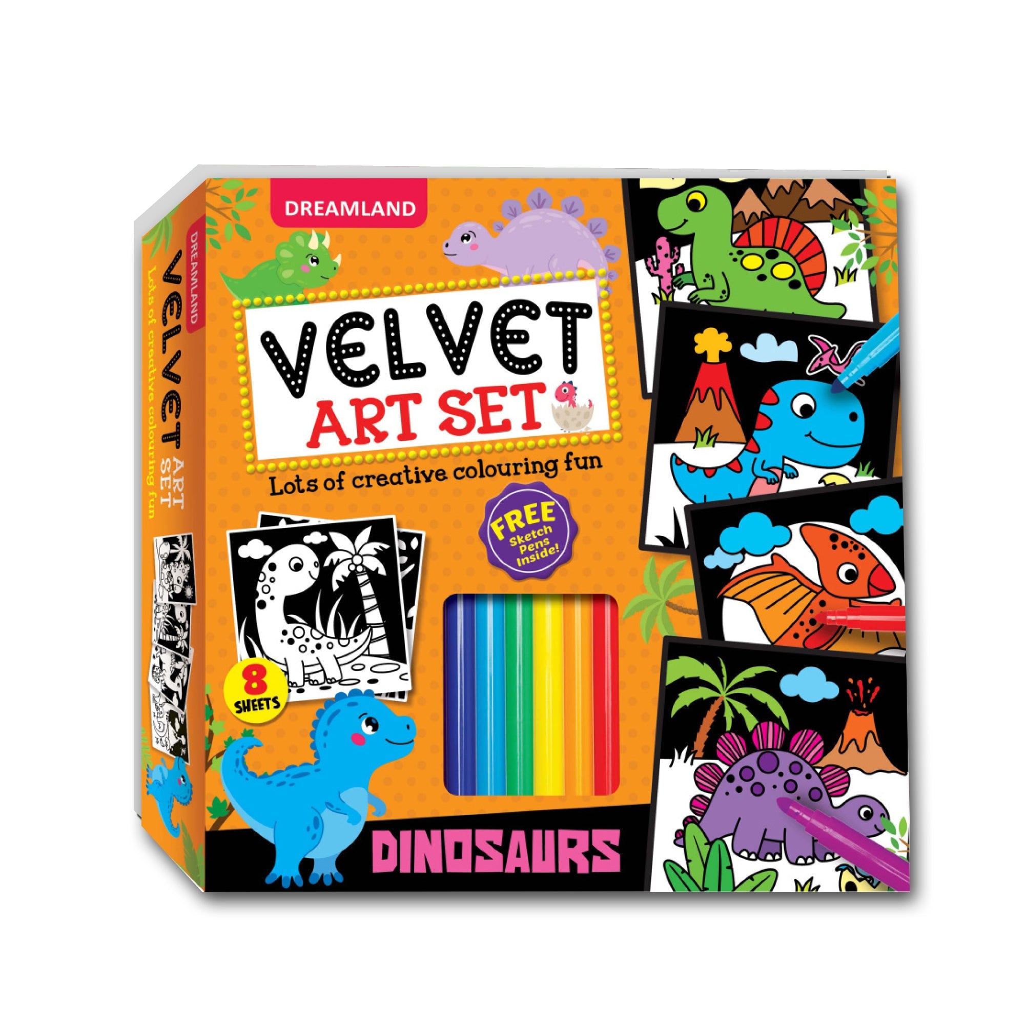Dreamland Publications Dinosaurs - Velvet Art Set With 10 Free Sketch Pens