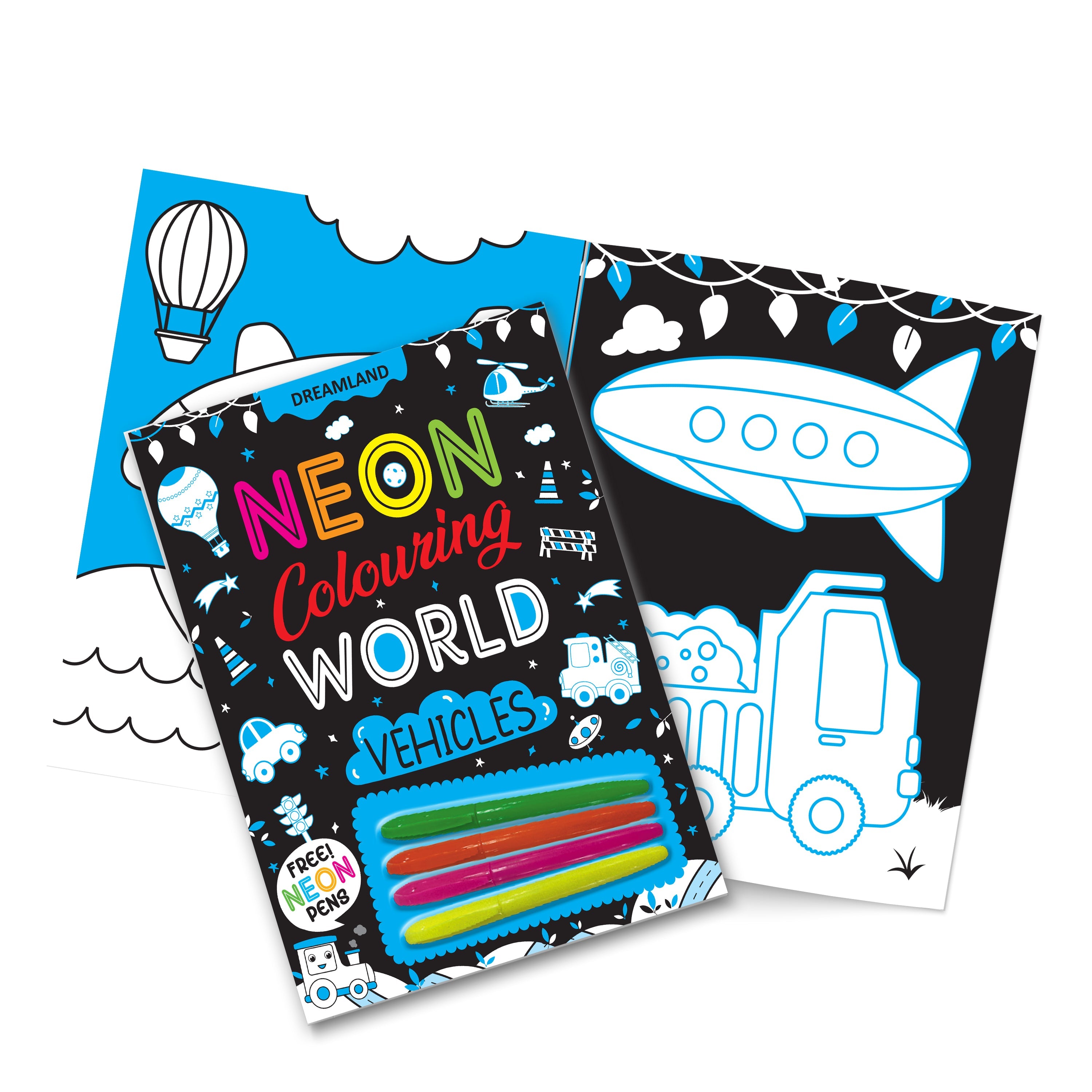 Dreamland Publications Vehicles Neon Colouring World Book for Kids Age 4 - 7 years with Neon Pens