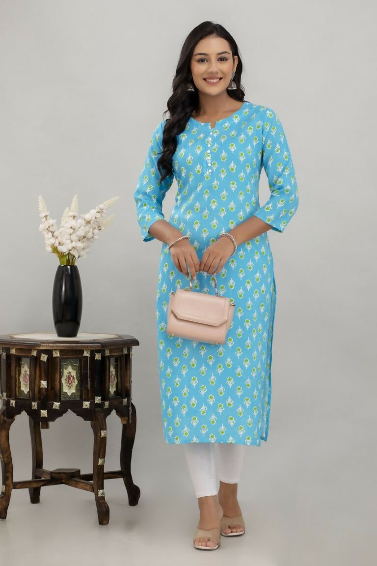 Alvano Printed Straight Kurta for Women and Girls Rayon (Lightblue)
