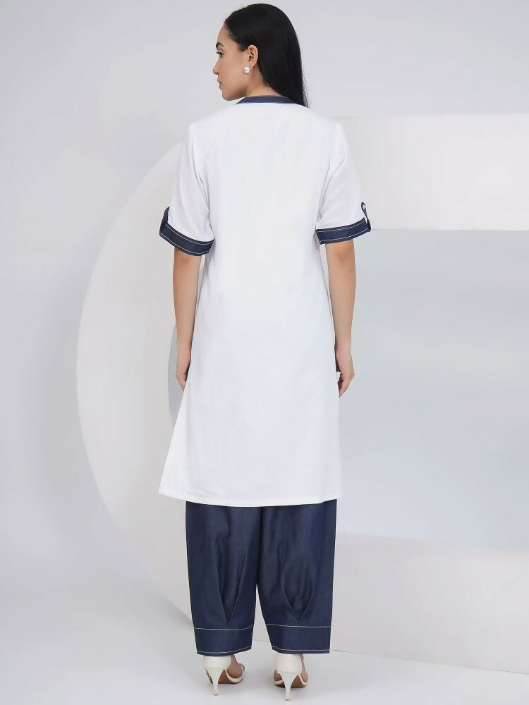 Joban Fashion White Rayon Crepe Applique Embroidered Shirt with Afghani Pants