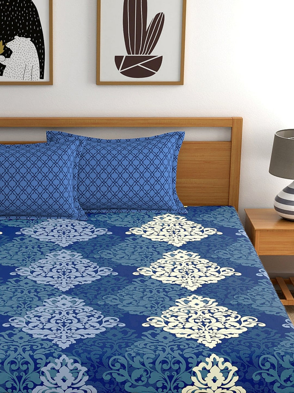 My Room Navy Blue Ethnic Printed 144 TC Super King Bedsheet with 2 Pillow Covers