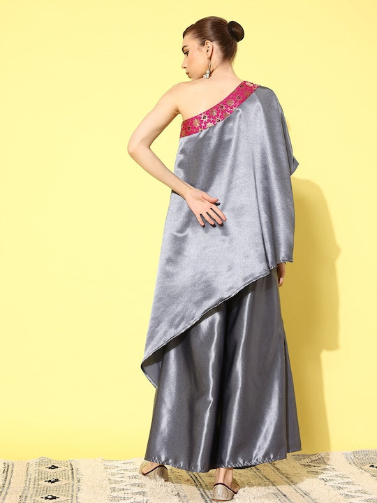 InWeave Women's Grey Pink Brocade Satin Oneshoulder Kurta Set