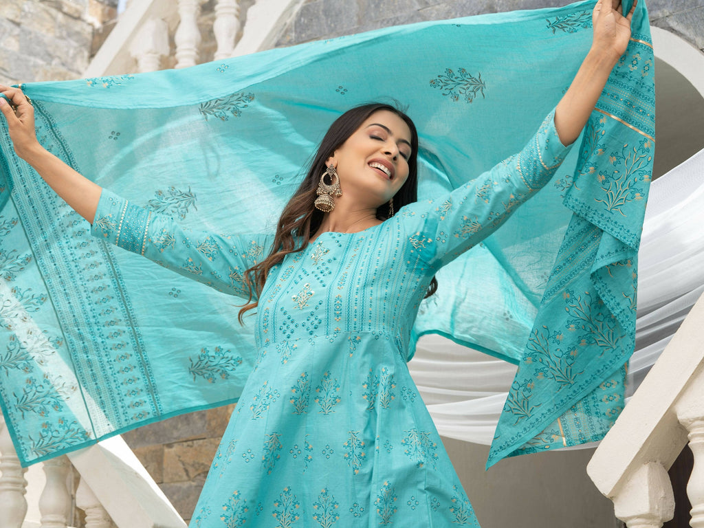 Sky Blue Cotton Cambric Printed with Sequins work Anarkali Kurta with Pant & Dupatta - Akashara
