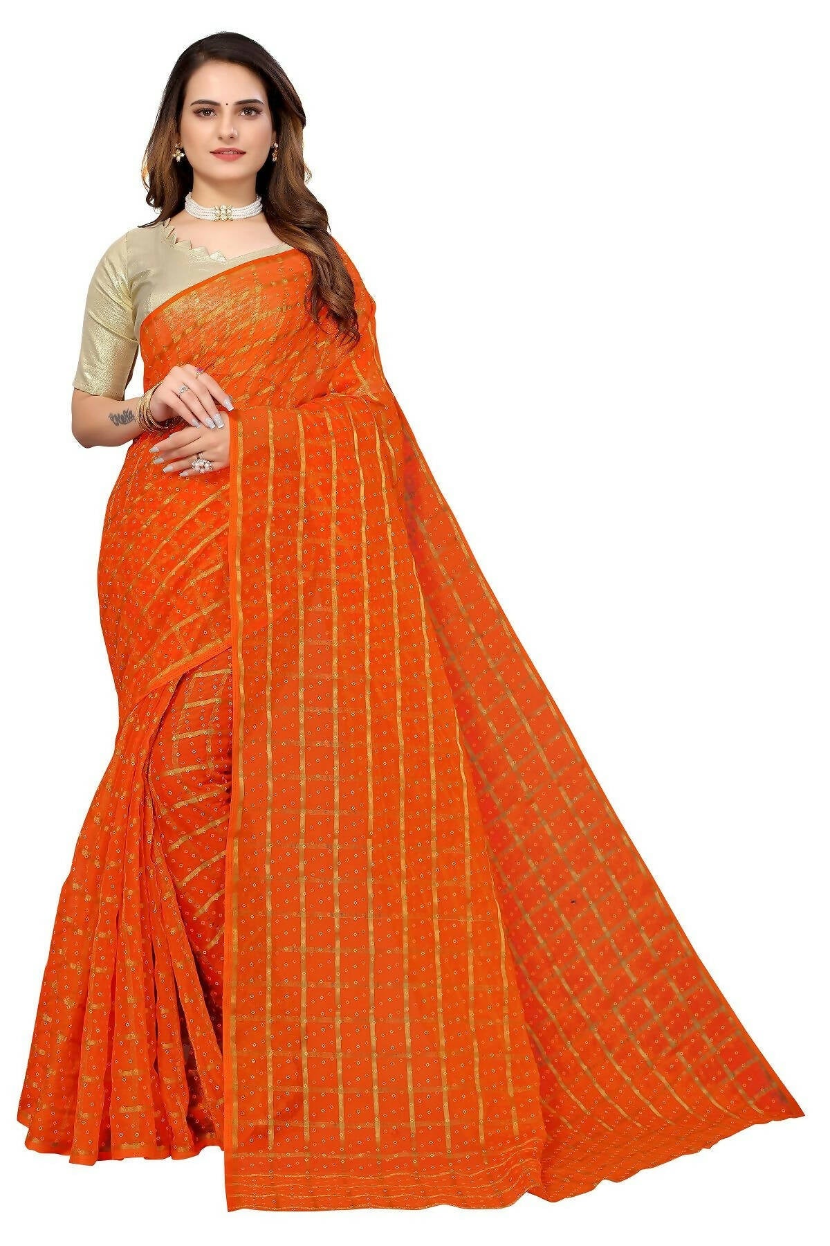 Vamika Orange Jari Work Chiffon Saree (GARVITA ORANGE)