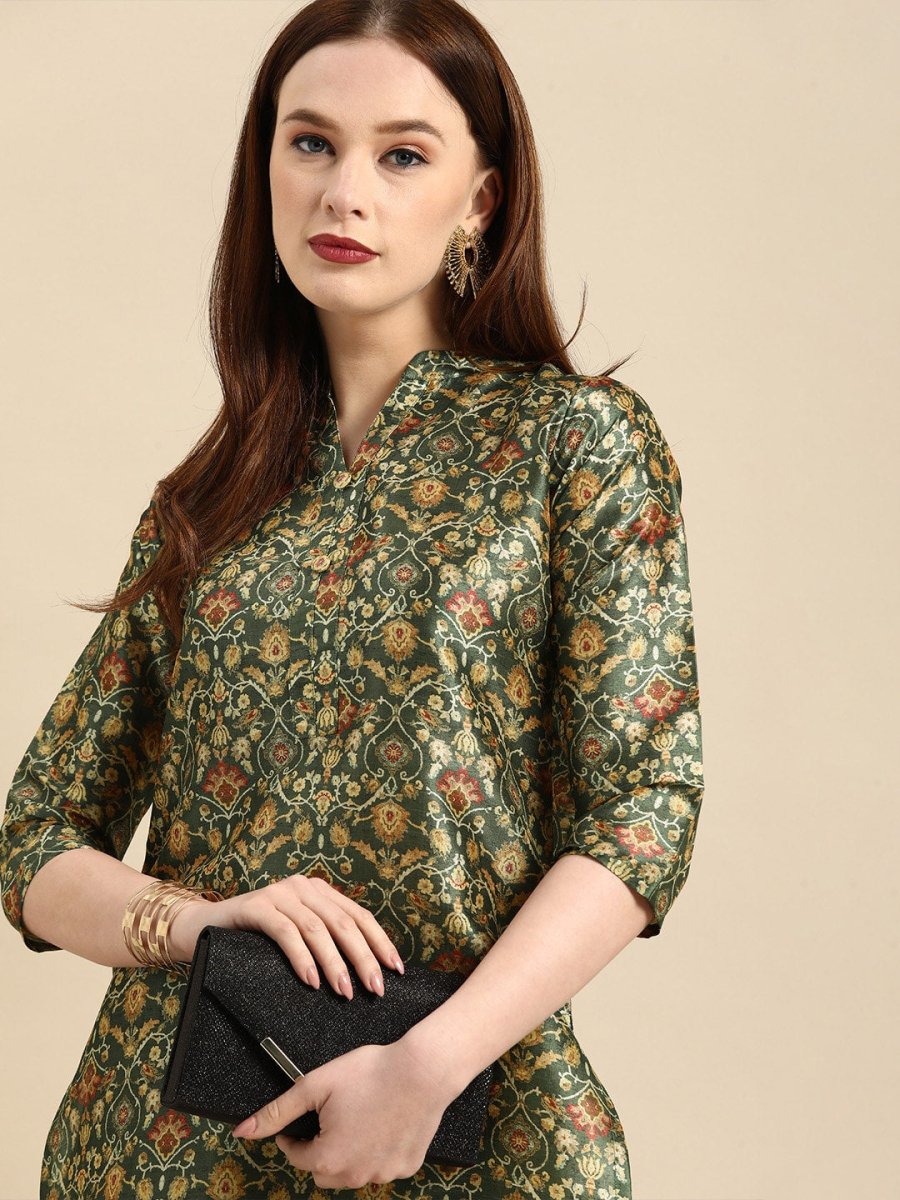 All About You Women Green & Mustard Yellow Ethnic Motifs Print Chanderi Silk Blend Kurta
