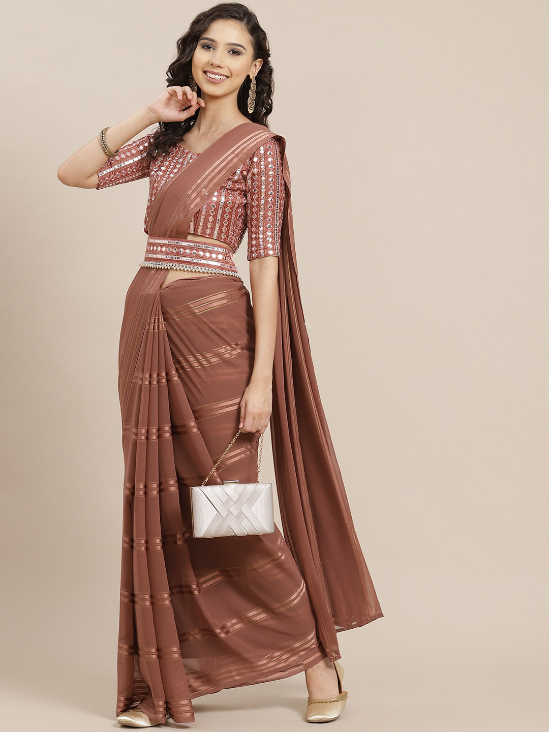 Saree Mall Brown Striped Mirror Work Saree