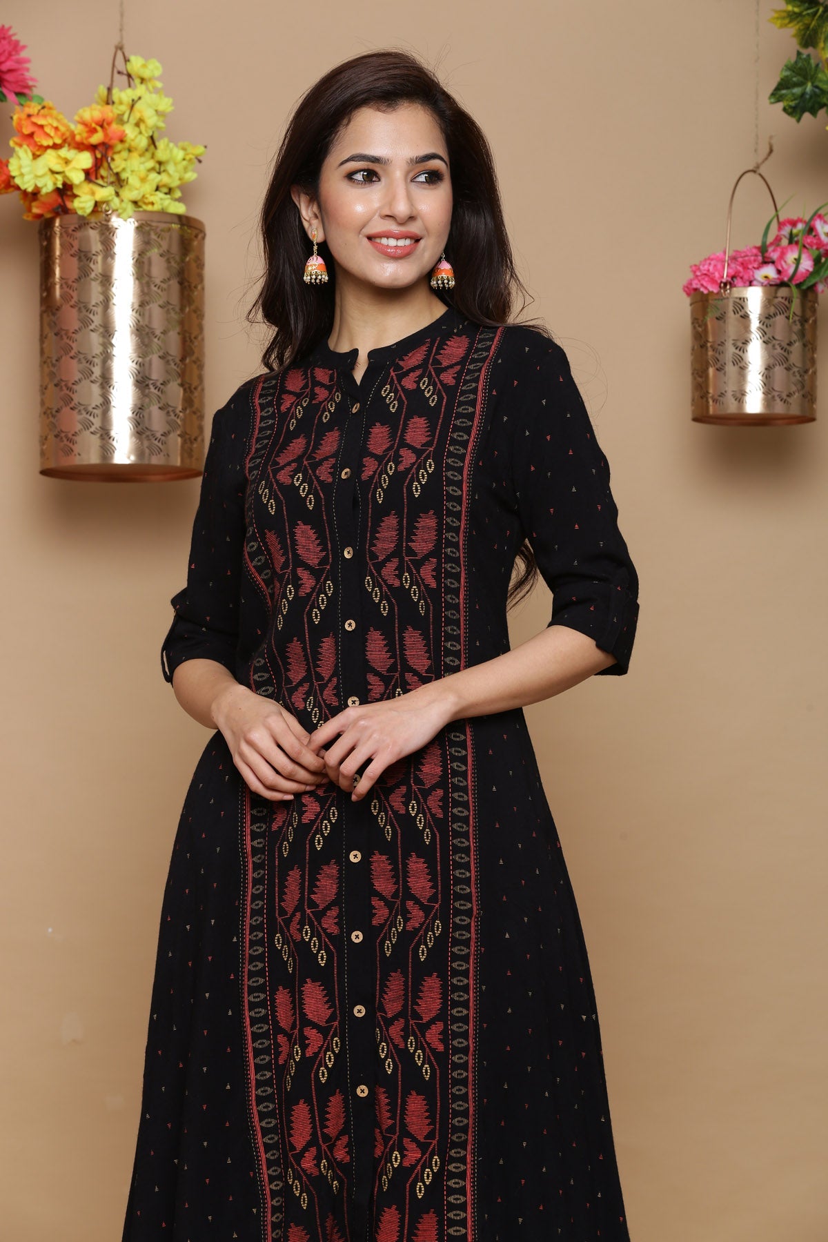 Juniper Womens Black Rayon Slub Printed Kurta