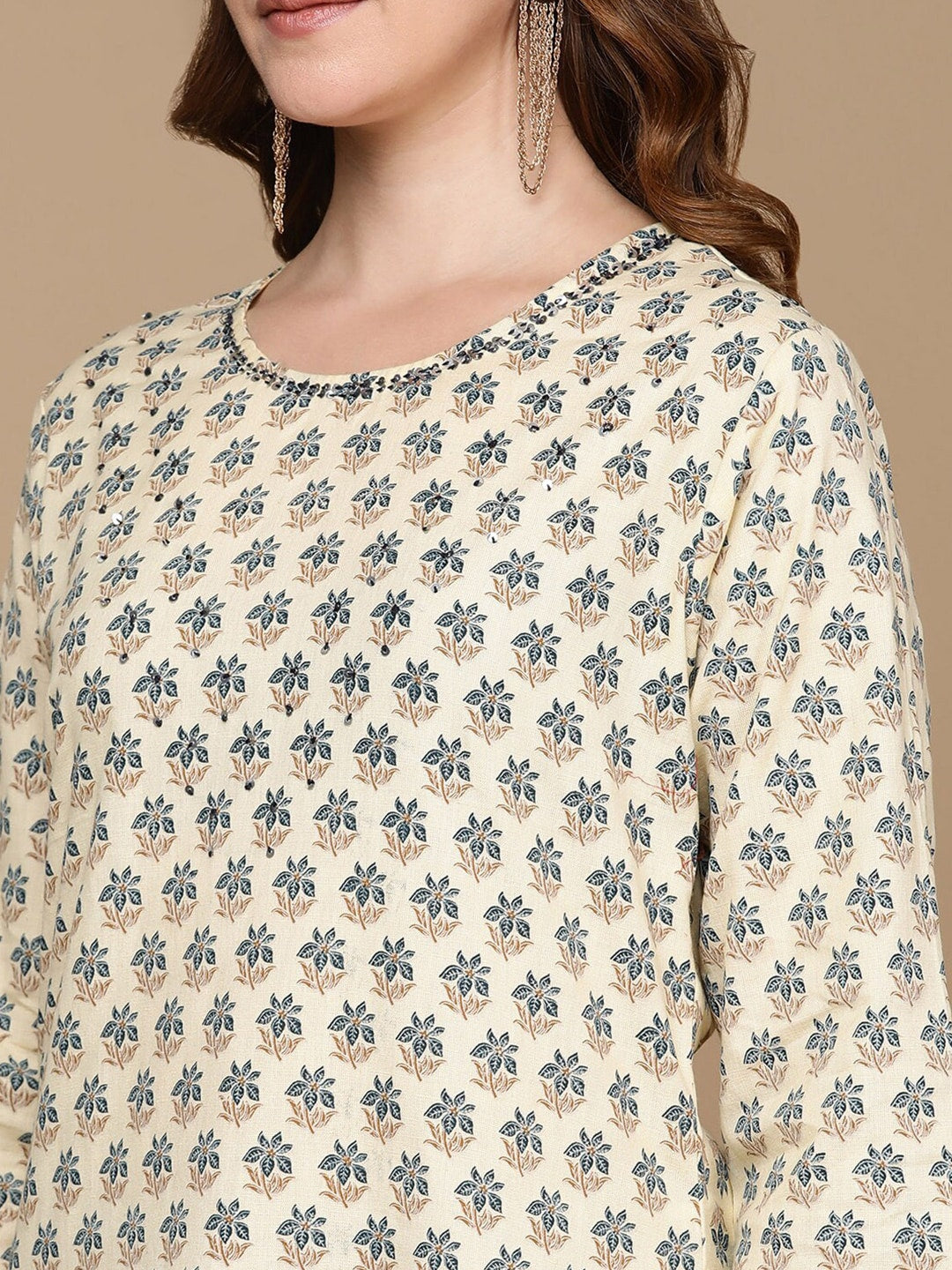 HERE&NOW Cream-Color & Teal Ethnic Motifs Printed Sequined Cotton Kurta