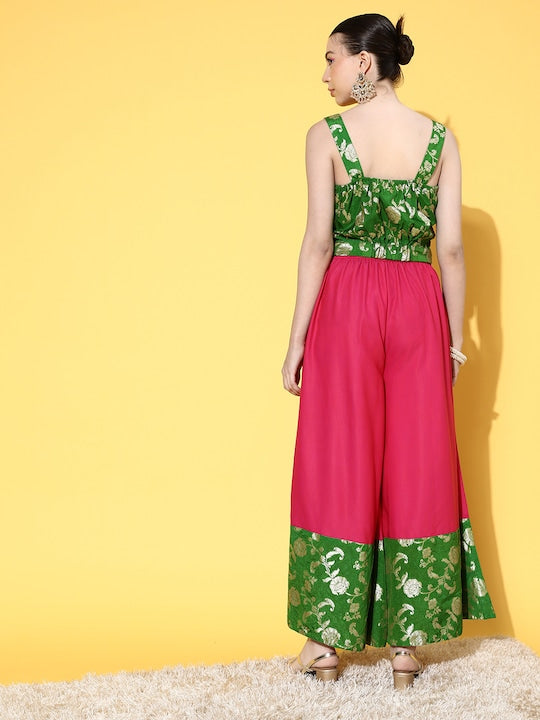 InWeave Women's Green Brocade Strappy Top W Fuchsia Green Brocade Palazzo Set