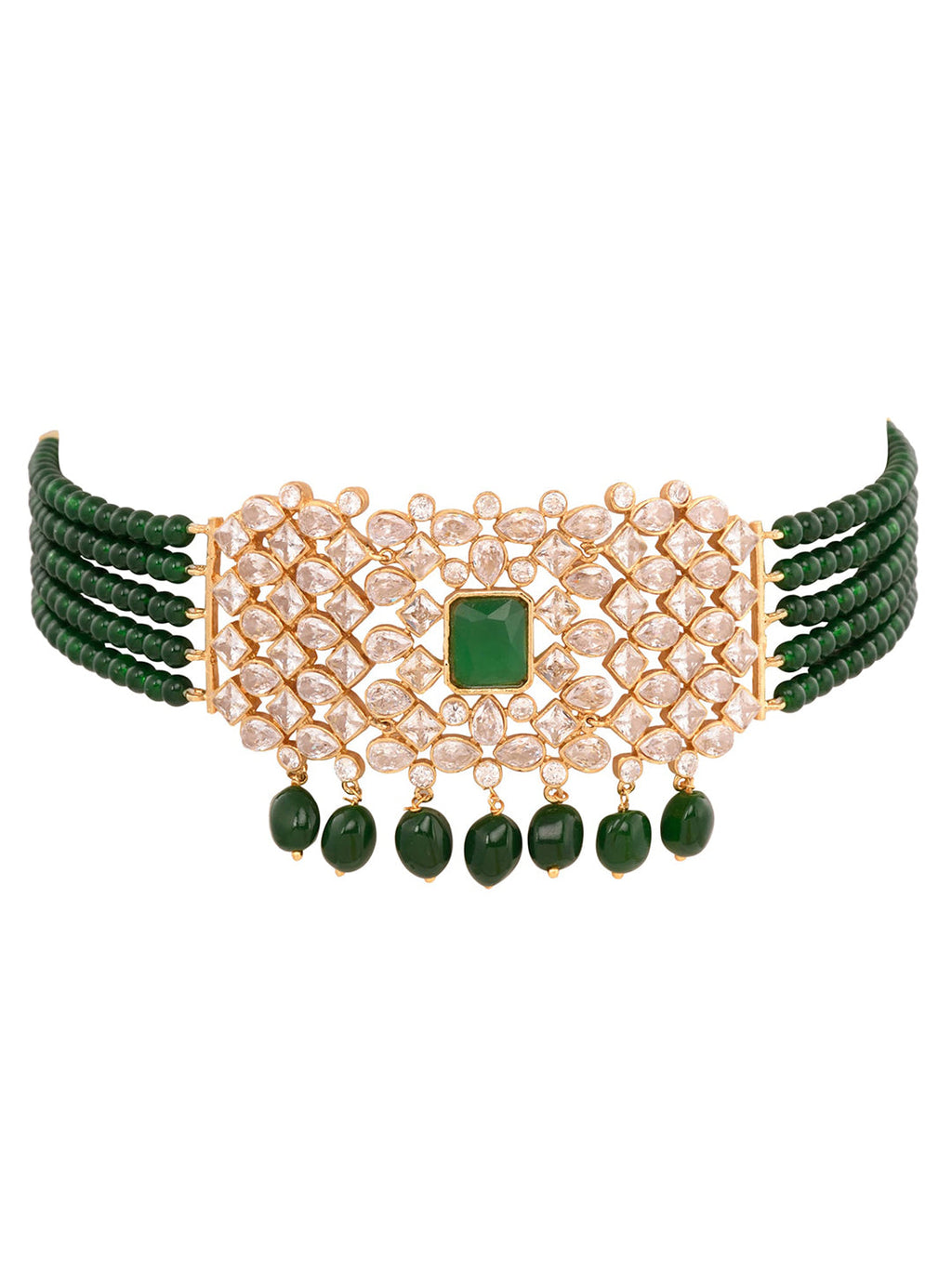 Saraf RS Jewellery Gold-Polished White & Green American Diamond Studded Choker Jewellery Set