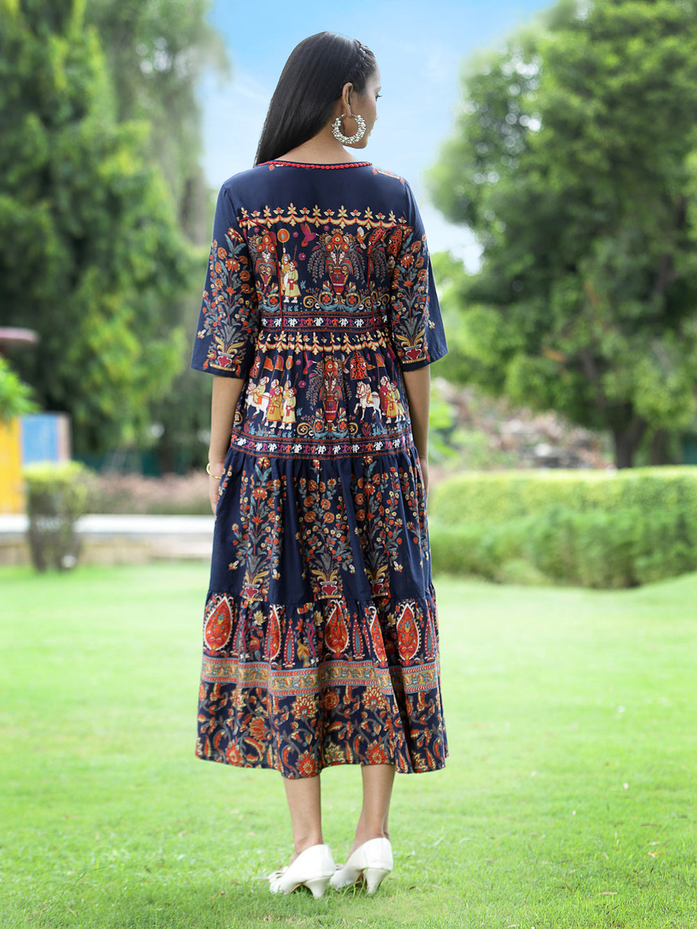 Juniper Women's Indigo Cambric Printed Tiered Dress