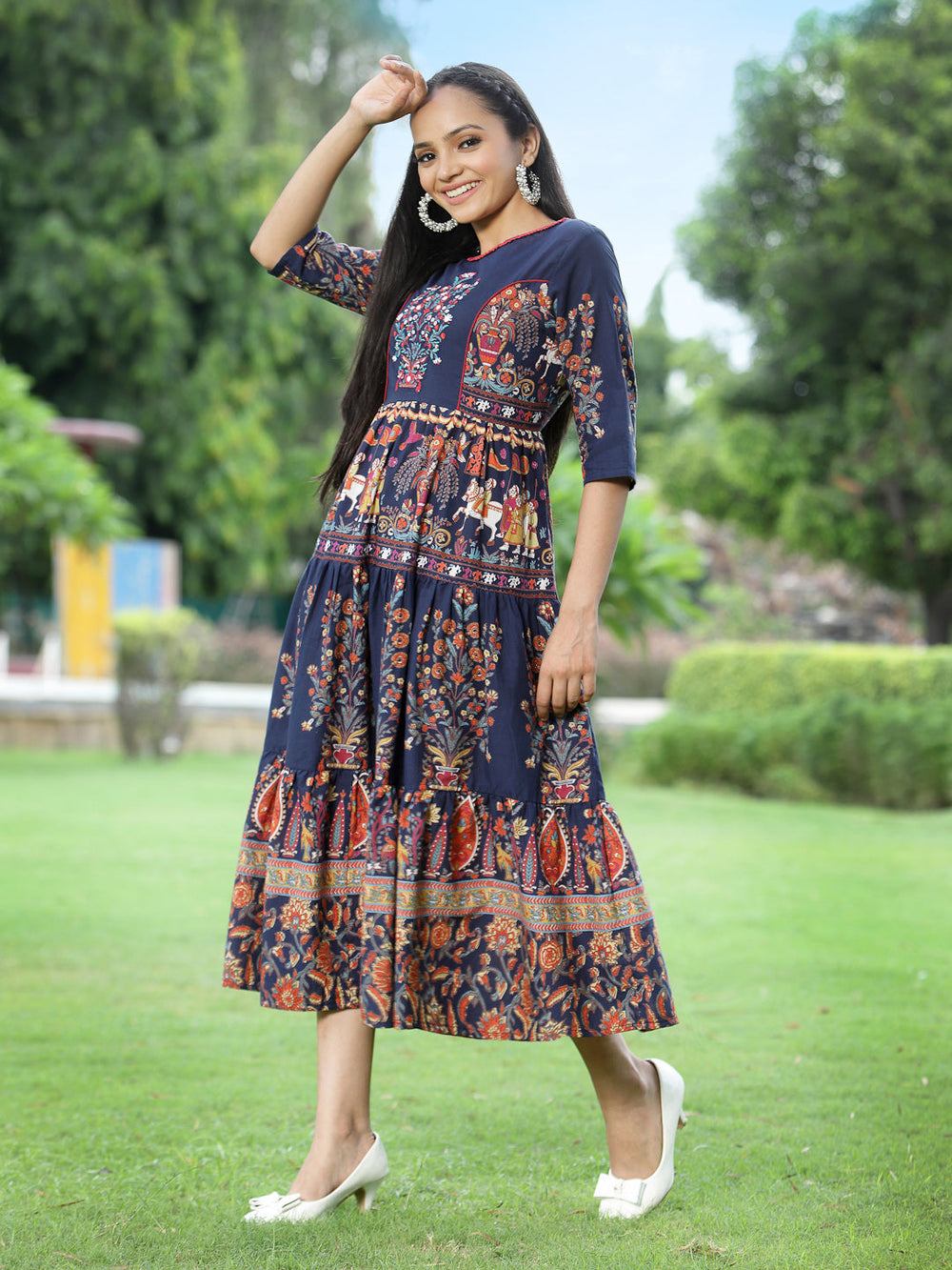 Juniper Women's Indigo Cambric Printed Tiered Dress