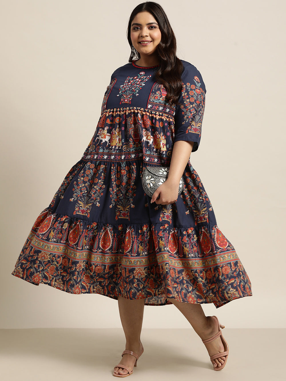 Juniper Women's Indigo Cambric Daily Wear Printed Tiered Dress