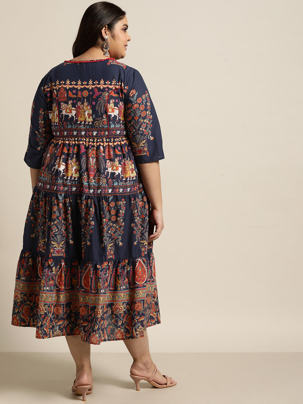 Juniper Women's Indigo Cambric Daily Wear Printed Tiered Dress