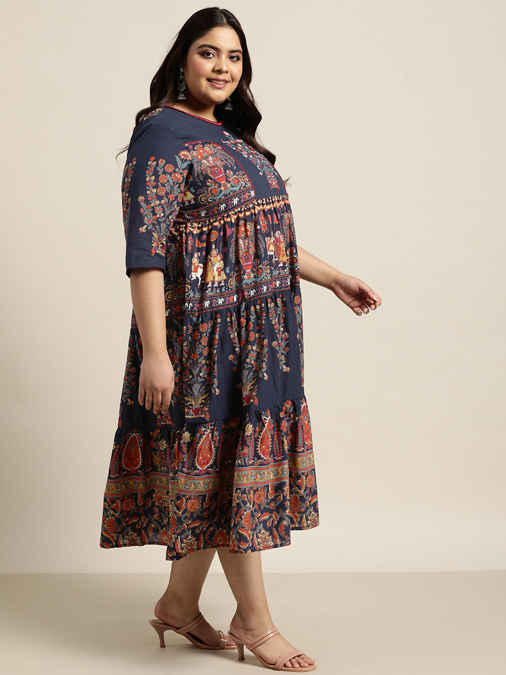 Juniper Women's Indigo Cambric Daily Wear Printed Tiered Dress