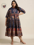 Juniper Women's Indigo Cambric Daily Wear Printed Tiered Dress