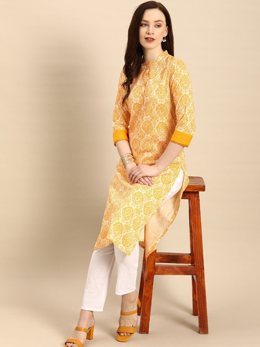 All About You Women Gold-Toned & White Printed Kurta