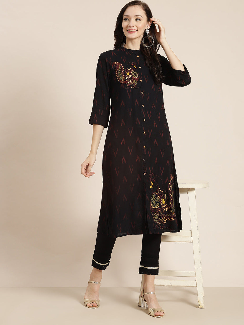 Juniper Womens M-Black Rayon Slub Printed Kurta