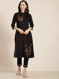 Juniper Womens M-Black Rayon Slub Printed Kurta