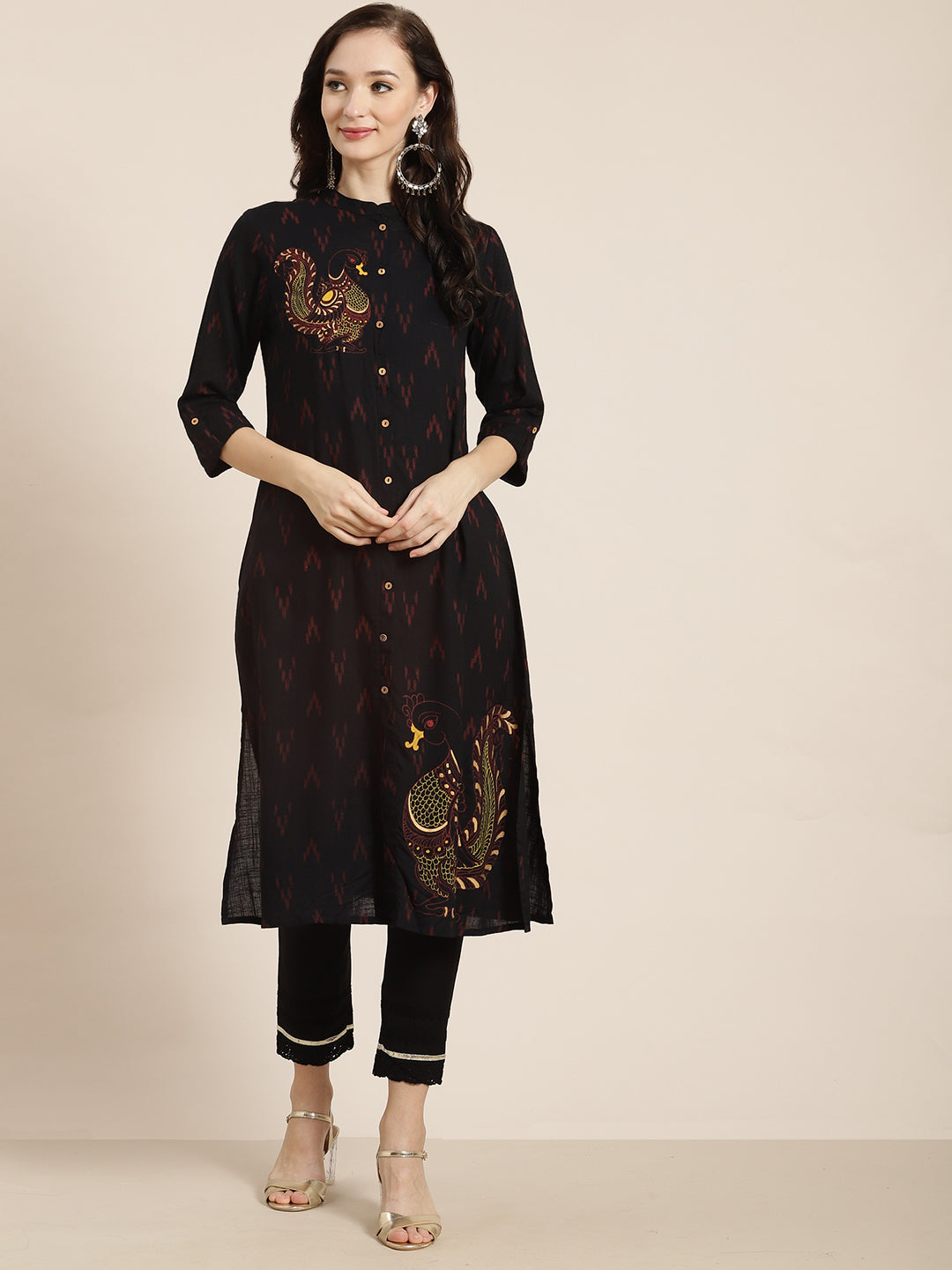 Juniper Womens M-Black Rayon Slub Printed Kurta