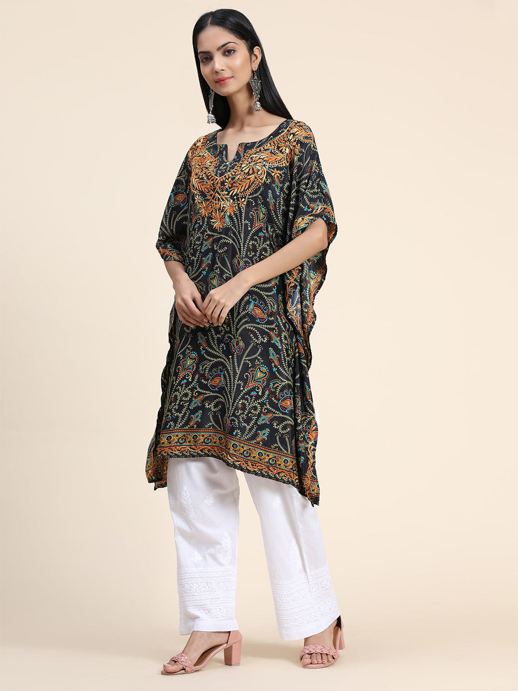 HOUSE OF KARI Ethnic Motifs Printed Chikankari Embroidery Cotton Kaftan Kurta